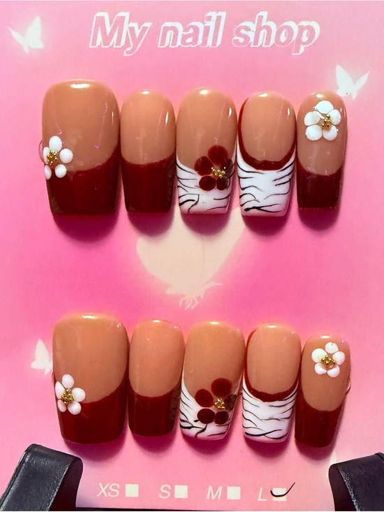 Other - Brown & Burgundy Floral Zebra Accent Press-On Nails